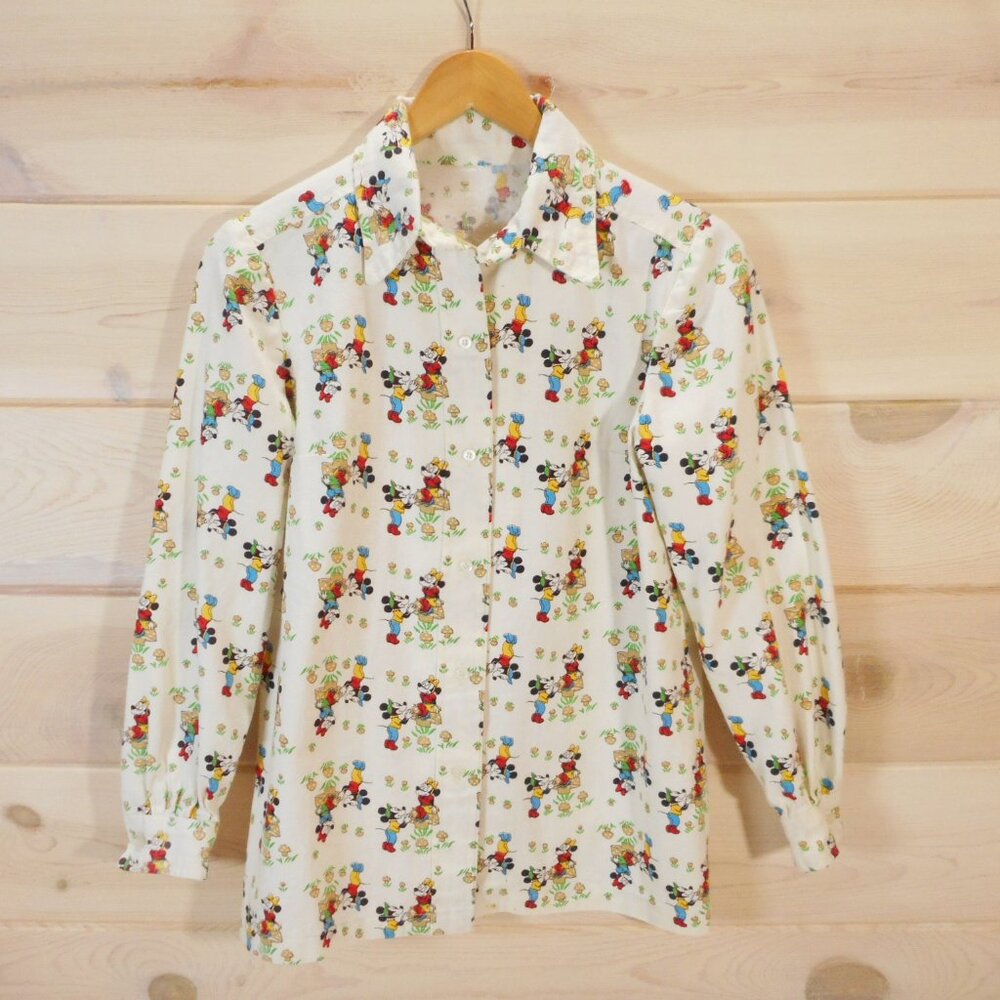Vintage Handmade Button-up Shirt Women’s Petite S-M Mickey Minnie Mouse Print